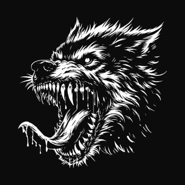 Kara Sanat Kurdu Kükreyen Canavar Vahşi Yaşam Gecesi Grunge Dövmesi Görüntü: Siyah Beyaz