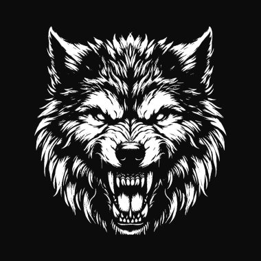 Kara Sanat Kurdu Kükreyen Canavar Vahşi Yaşam Gecesi Grunge Dövmesi Görüntü: Siyah Beyaz