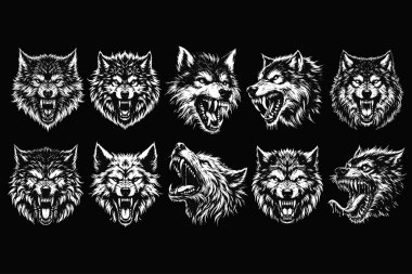 Bir demet Koyu Sanat Kurt Kükremesi Vahşi Yaşam Gecesi Grunge Dövmesi Görüntü: Siyah Beyaz