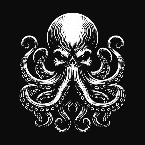 Karanlık Sanat Ahtapotu Canavar dokunaçları mürekkep balığı kafatası dehşeti dövme Grunge Vintage illüstrasyon