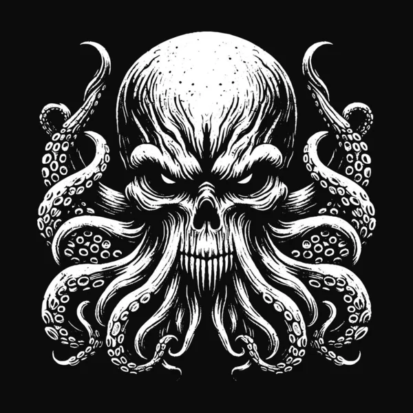 Karanlık Sanat Ahtapotu Canavar dokunaçları mürekkep balığı kafatası dehşeti dövme Grunge Vintage illüstrasyon