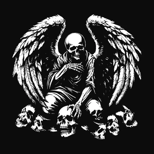 Kara Sanat Kurukafa Melek Yüzlü Kanatlı Korkunç Grunge Vintage Dövmeli Görüntü Siyah Beyaz