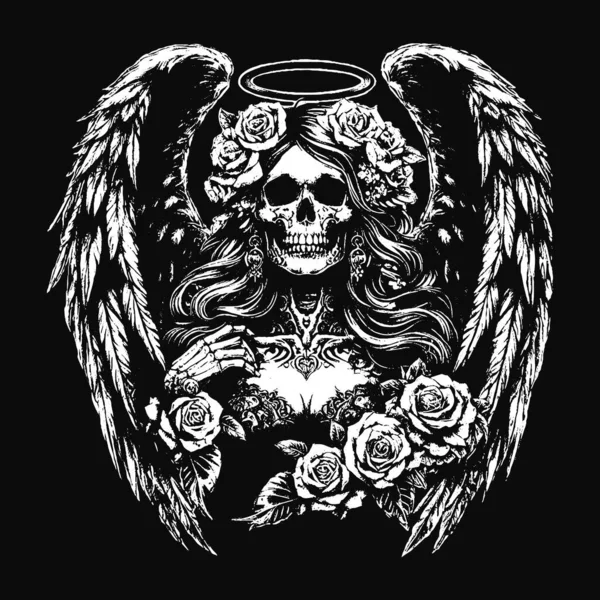 Kara Sanat Kurukafa Melek Yüzlü Kanatlı Korkunç Grunge Vintage Dövmeli Görüntü Siyah Beyaz