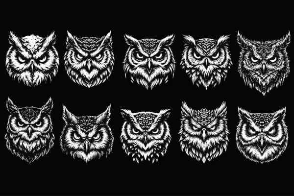 Koyu Sanatsal Baykuş Yüzlü Hayalet Vintage Gece Tüylü Hayvan Dövmesi İllüstrasyonunu Ayarla