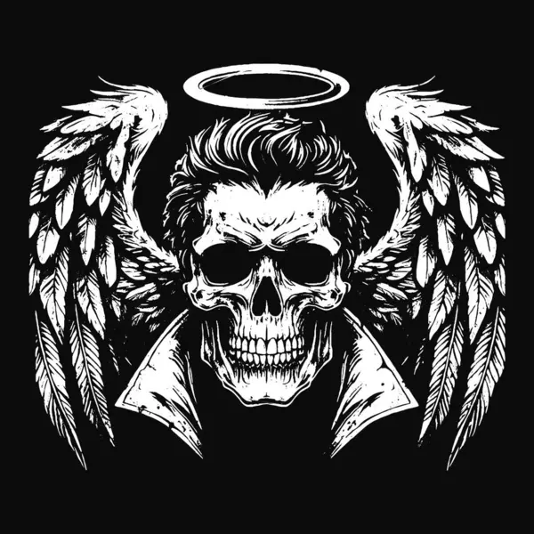 Kara Sanat Kurukafa Melek Yüzlü Kanatlı Korkunç Grunge Vintage Dövmeli Görüntü Siyah Beyaz