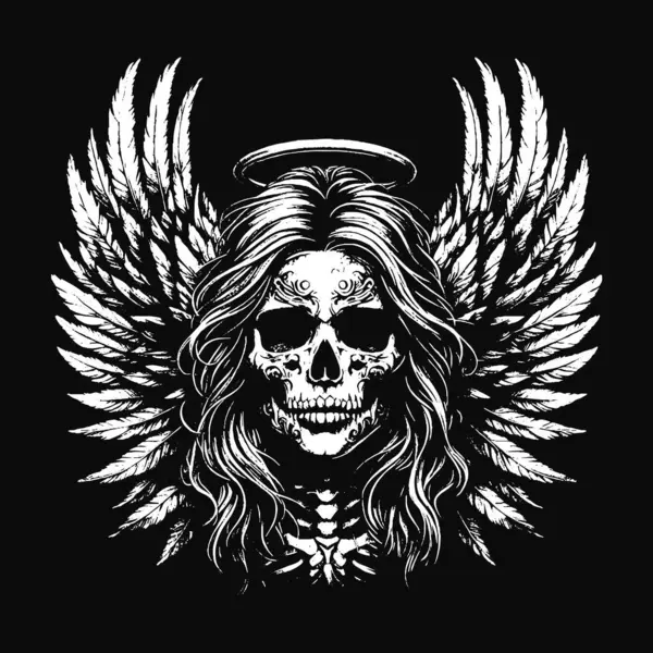 Kara Sanat Kurukafa Melek Yüzlü Kanatlı Korkunç Grunge Vintage Dövmeli Görüntü Siyah Beyaz