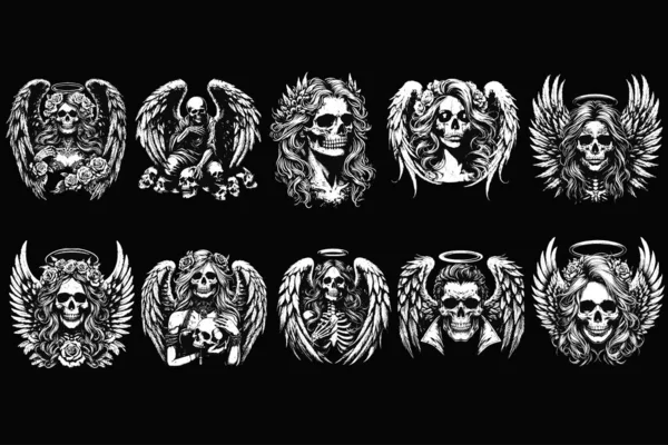 Koyu renk Sanat Kafatası Melek Suratı Kanatlı Korkunç Grunge Vintage Dövmeli Siyah Beyaz Görüntü