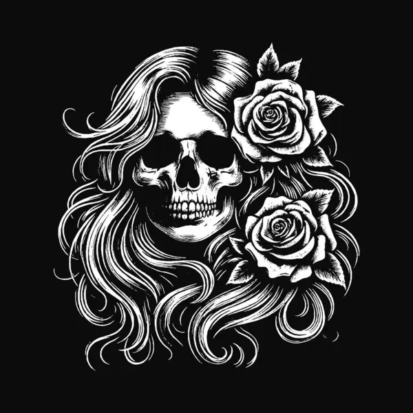 Esmer Sanat Kafatası Kızı Uzun Saçlı Gül Kadın Grunge Vintage Dövmeli Görüntü Siyah Beyaz