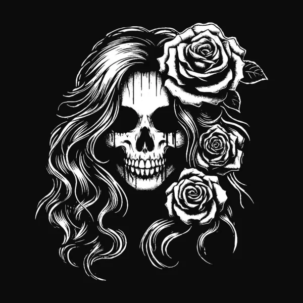 Esmer Sanat Kafatası Kızı Uzun Saçlı Gül Kadın Grunge Vintage Dövmeli Görüntü Siyah Beyaz