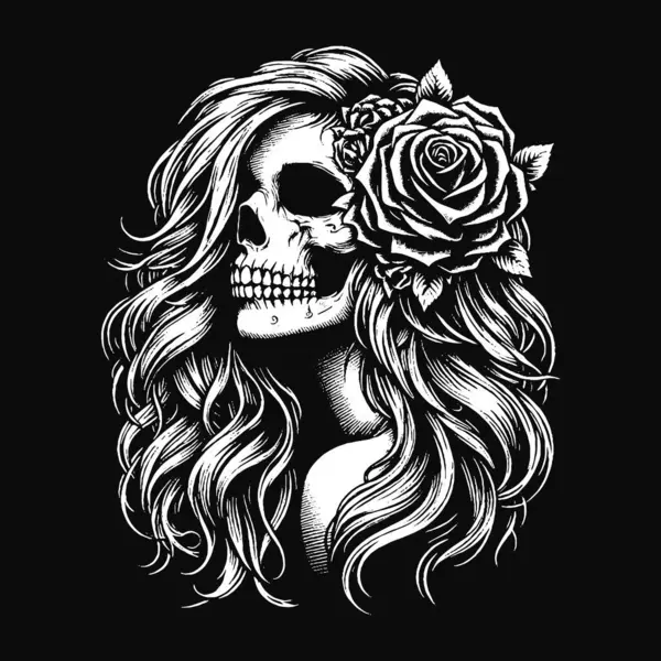 Esmer Sanat Kafatası Kızı Uzun Saçlı Gül Kadın Grunge Vintage Dövmeli Görüntü Siyah Beyaz