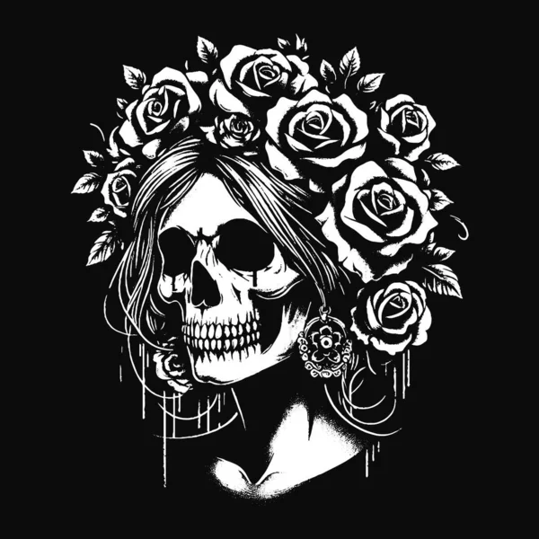 Esmer Sanat Kafatası Kızı Uzun Saçlı Gül Kadın Grunge Vintage Dövmeli Görüntü Siyah Beyaz