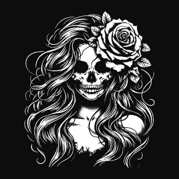 Esmer Sanat Kafatası Kızı Uzun Saçlı Gül Kadın Grunge Vintage Dövmeli Görüntü Siyah Beyaz