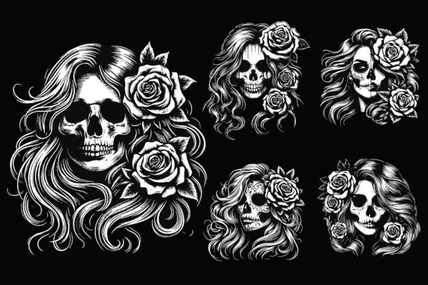 Koyu Sanat Kafatası Kızı ve Uzun Saçlı Gül Kadın Grunge Klasik Dövmeli Siyah Beyaz Görüntü