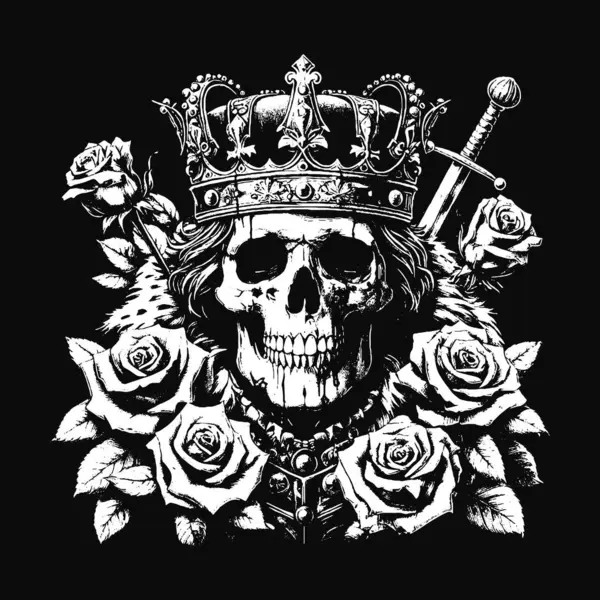 Koyu Sanat Kurukafa Kral Taht Güller Vintage Grunge Dövmeli siyah beyaz