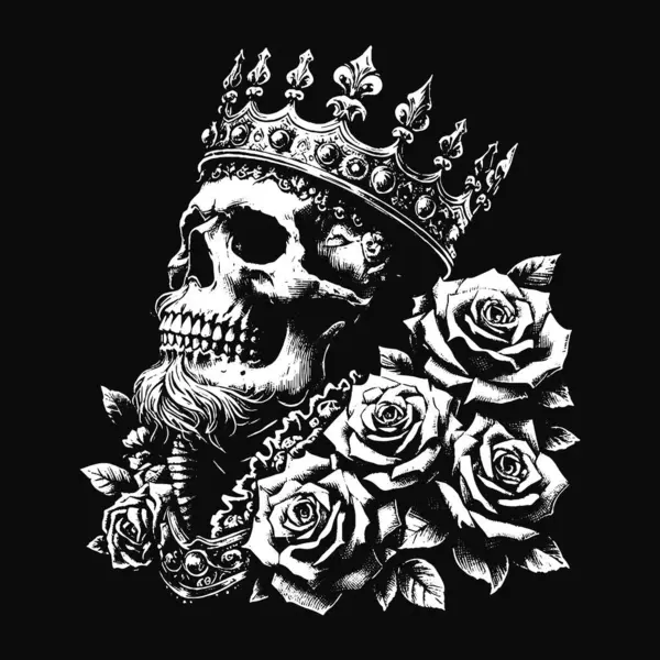 Koyu Sanat Kurukafa Kral Taht Güller Vintage Grunge Dövmeli siyah beyaz