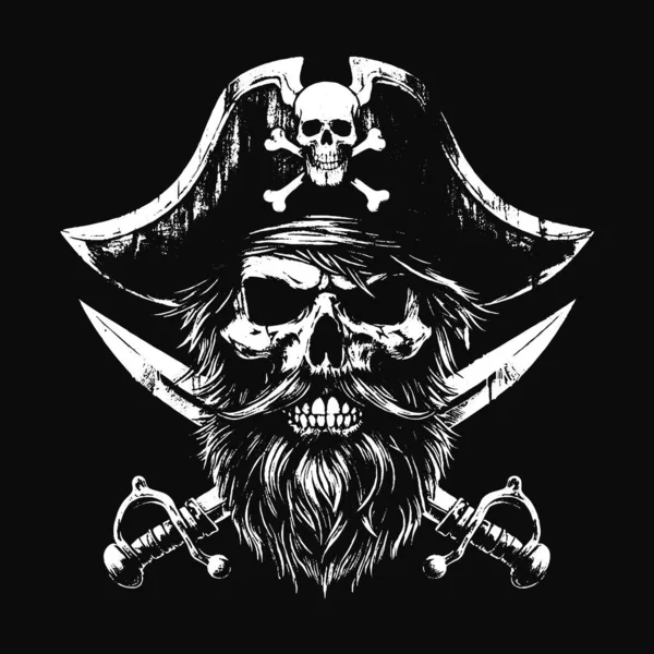 Kara Sanat Kurukafa Korsanları Kaptan Denizci Şapka Grunge Vintage Dövmeli illüstrasyon Siyah Beyaz