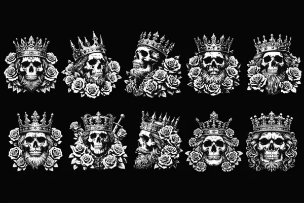 Bir demet Koyu Sanat Kurukafa Kral Taht ve Güller Klasik Grunge Dövmesi Görüntü Siyah Beyaz