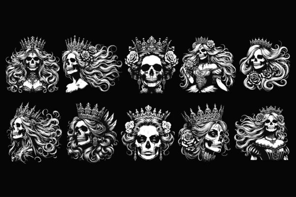 Set Bundle Dark Art Skull Queen Girl Lady with Rose and Crown Horror Grunge Vintage Tattoo illustration Black White