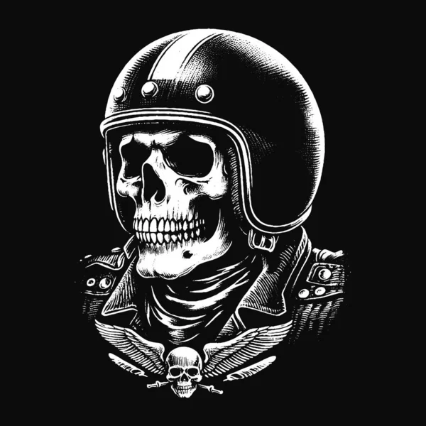 Kasklı Kara Sanat Kafatası Sürücüsü Motosikletli Grunge Vintage Dövmeli Siyah Beyaz