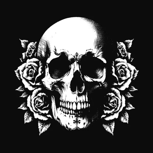 Karanlık Sanat Kurukafa Güller Çiçek Ölüm Grunge Korkunç Vintage Dövme illüstrasyon Siyah Beyaz