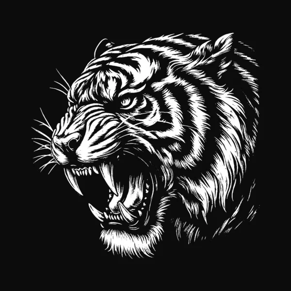 Kara Sanat Kaplanı Hayvan Kral Yırtıcı Maskot Korkunç Grunge Vintage Dövme Görüntü Siyah Beyaz