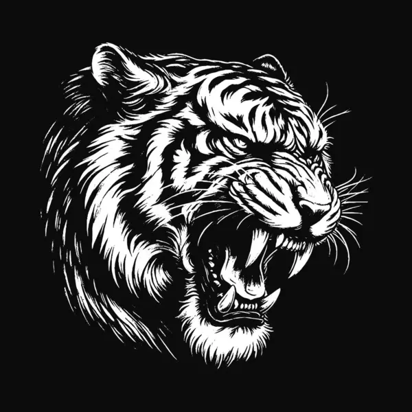 Kara Sanat Kaplanı Hayvan Kral Yırtıcı Maskot Korkunç Grunge Vintage Dövme Görüntü Siyah Beyaz