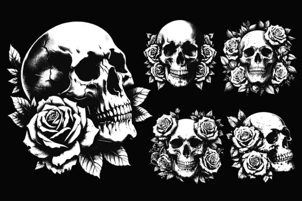 Karanlık Sanat Kurukafa Güller Çiçek Ölüm Korkunç Grunge Vintage Dövme illüstrasyonları Siyah Beyaz