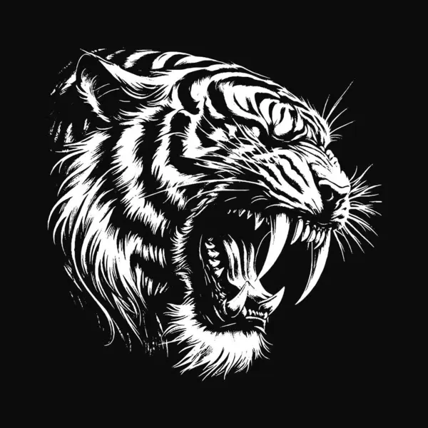 Kara Sanat Kaplanı Hayvan Kral Yırtıcı Maskot Korkunç Grunge Vintage Dövme Görüntü Siyah Beyaz