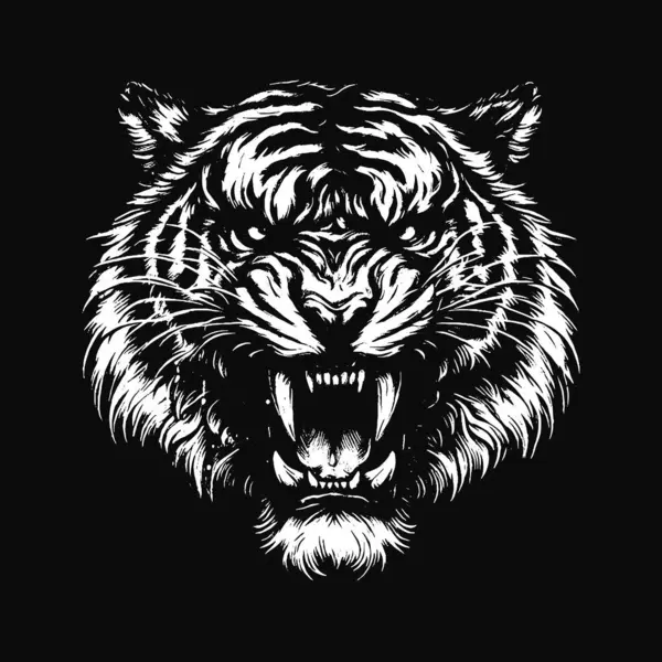 Kara Sanat Kaplanı Hayvan Kral Yırtıcı Maskot Korkunç Grunge Vintage Dövme Görüntü Siyah Beyaz