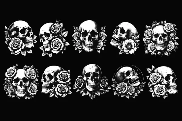 Bir demet Koyu Sanat Kurukafa Güller Çiçek Ölüm Grunge Eski Dövme İllüstrasyon Siyah Beyaz