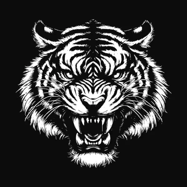 Kara Sanat Kaplanı Hayvan Kral Yırtıcı Maskot Korkunç Grunge Vintage Dövme Görüntü Siyah Beyaz