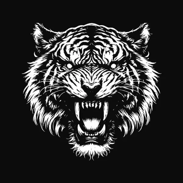 Kara Sanat Kaplanı Hayvan Kral Yırtıcı Maskot Korkunç Grunge Vintage Dövme Görüntü Siyah Beyaz
