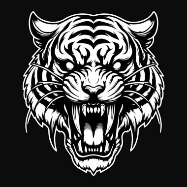 Kara Sanat Öfkeli Canavar Kaplan Kafalı Siyah ve Beyaz Görüntü