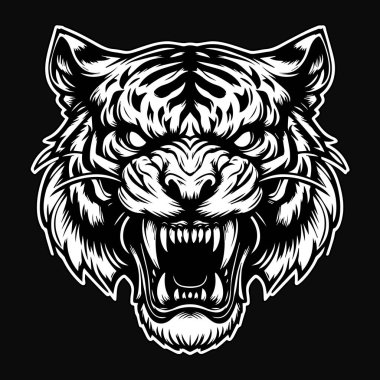 Kara Sanat Öfkeli Canavar Kaplan Kafalı Siyah ve Beyaz Görüntü