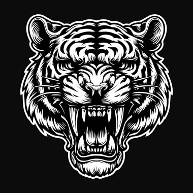 Kara Sanat Öfkeli Canavar Kaplan Kafalı Siyah ve Beyaz Görüntü