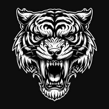Kara Sanat Öfkeli Canavar Kaplan Kafalı Siyah ve Beyaz Görüntü