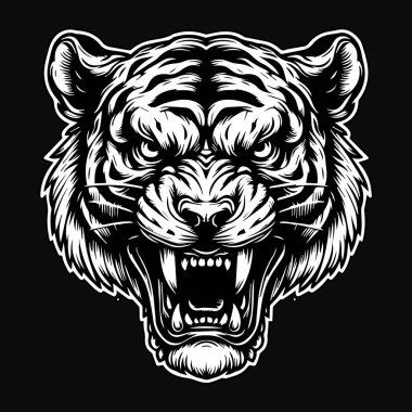 Kara Sanat Öfkeli Canavar Kaplan Kafalı Siyah ve Beyaz Görüntü