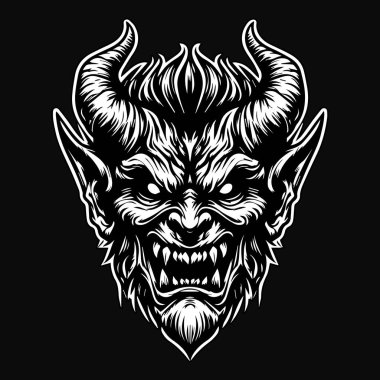 Kara Sanat Öfkeli Şeytan Kafası Siyah-Beyaz İllüzyonu