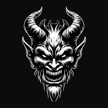 Kara Sanat Öfkeli Şeytan Kafası Siyah-Beyaz İllüzyonu