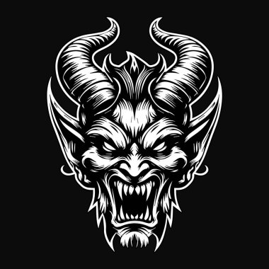 Kara Sanat Öfkeli Şeytan Kafası Siyah-Beyaz İllüzyonu