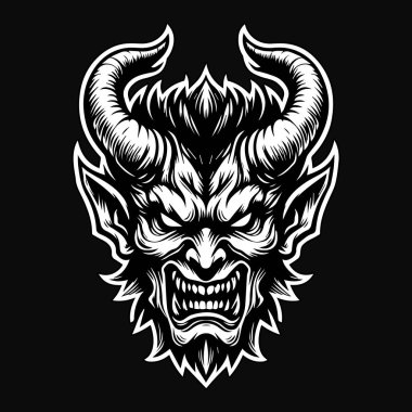 Kara Sanat Öfkeli Şeytan Kafası Siyah-Beyaz İllüzyonu