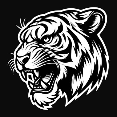 Kara Sanat Öfkeli Canavar Kaplan Kafalı Siyah ve Beyaz Görüntü