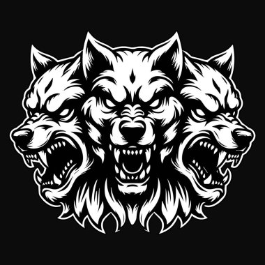Kara Sanat Cerberus Köpek Başı Siyah ve Beyaz Görüntü