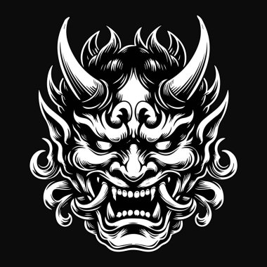 Koyu Sanat Ürkütücü Japon Hannya Maskesi Siyah-Beyaz Görüntü