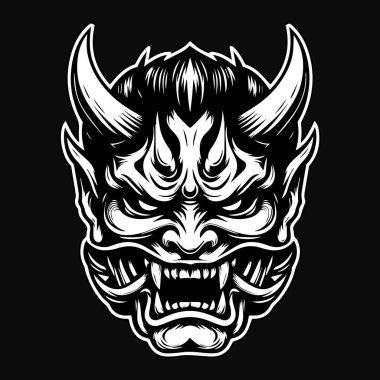 Koyu Sanat Ürkütücü Japon Hannya Maskesi Siyah-Beyaz Görüntü