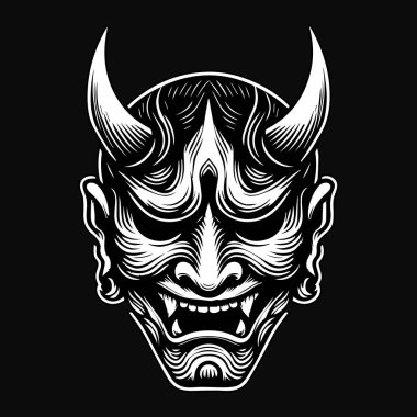 Koyu Sanat Ürkütücü Japon Hannya Maskesi Siyah-Beyaz Görüntü