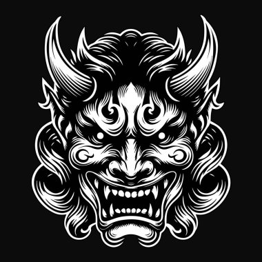 Koyu Sanat Ürkütücü Japon Hannya Maskesi Siyah-Beyaz Görüntü