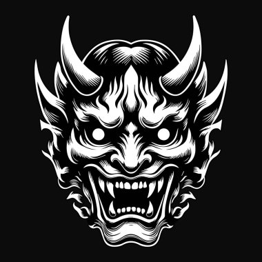 Koyu Sanat Ürkütücü Japon Hannya Maskesi Siyah-Beyaz Görüntü