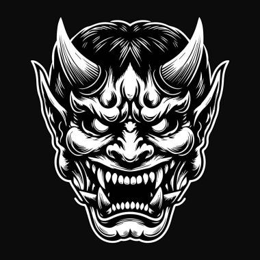 Koyu Sanat Ürkütücü Japon Oni Maskesi Siyah ve Beyaz Görüntü