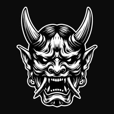 Koyu Sanat Ürkütücü Japon Oni Maskesi Siyah ve Beyaz Görüntü
